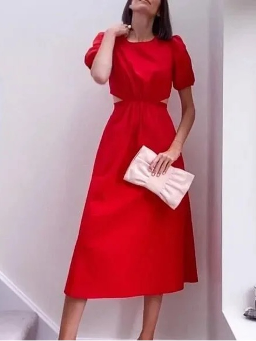 Zara Elegant Red Midi Dress with Cutout Waist and puff sleeve